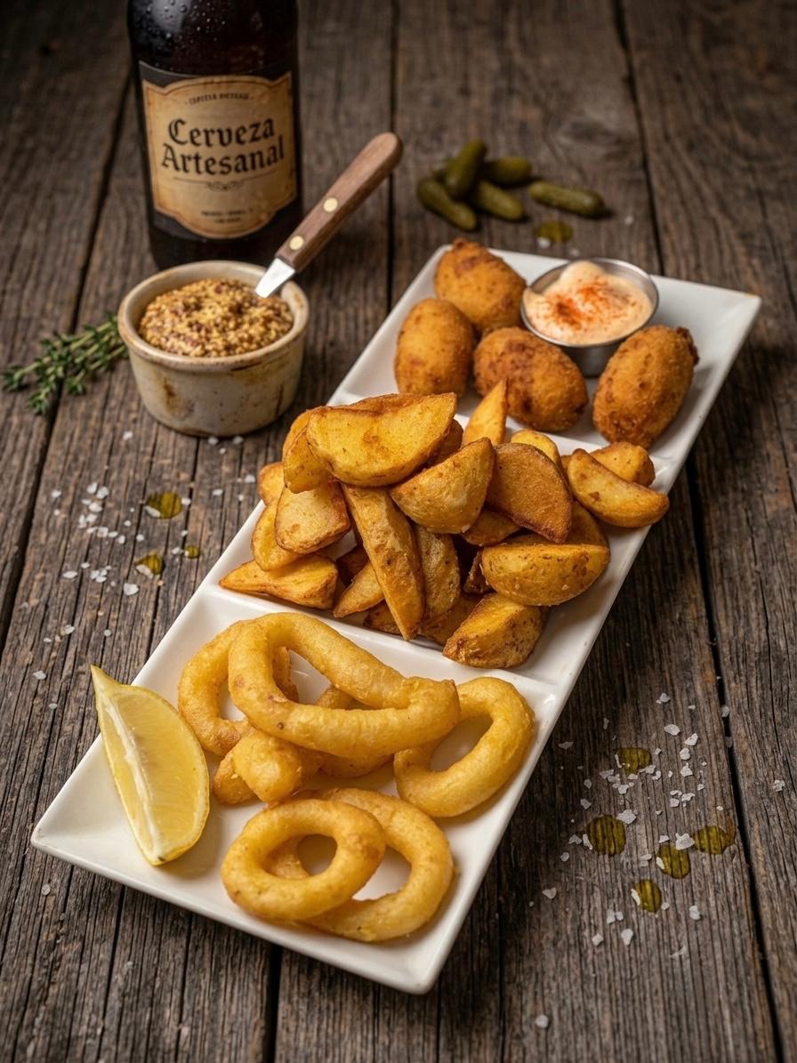 Ración de patatas, croquetas y calamares con cerveza artesanal