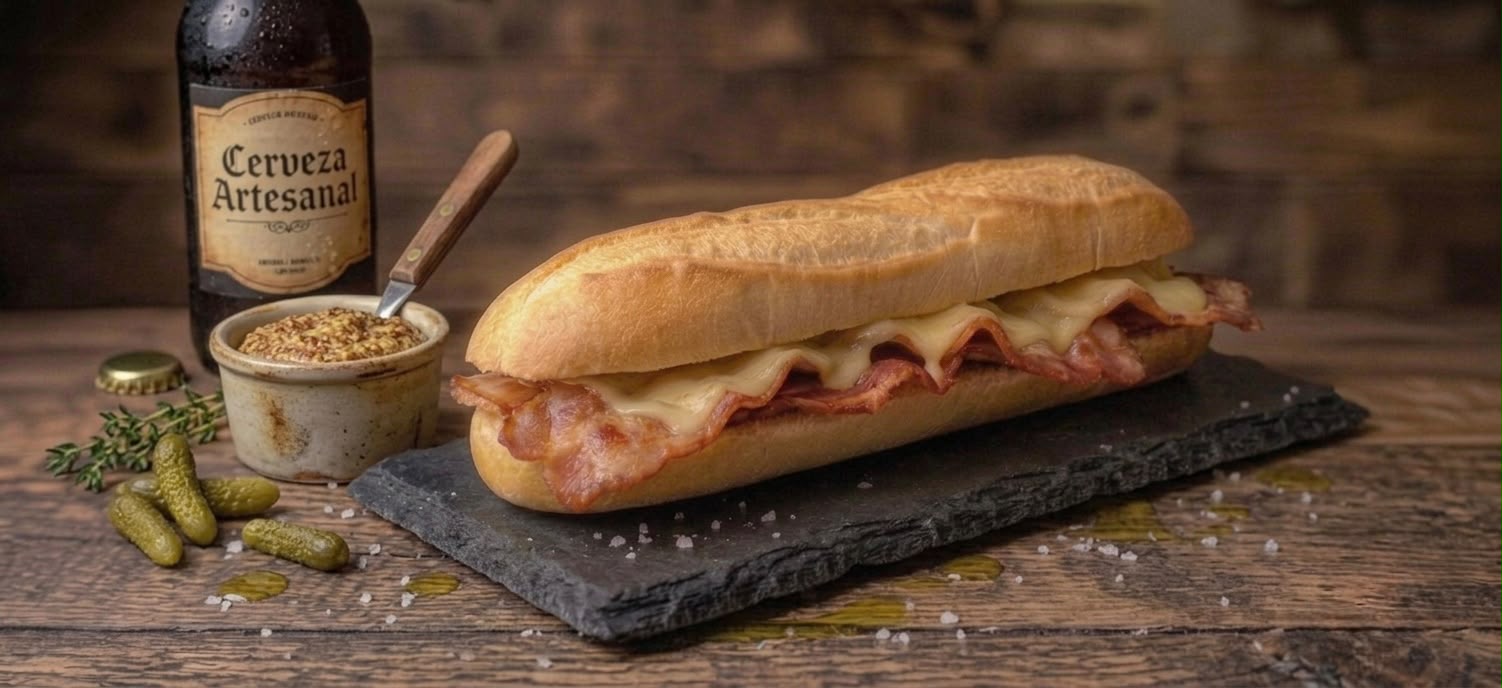 Bocadillo de bacon y queso con cerveza artesanal