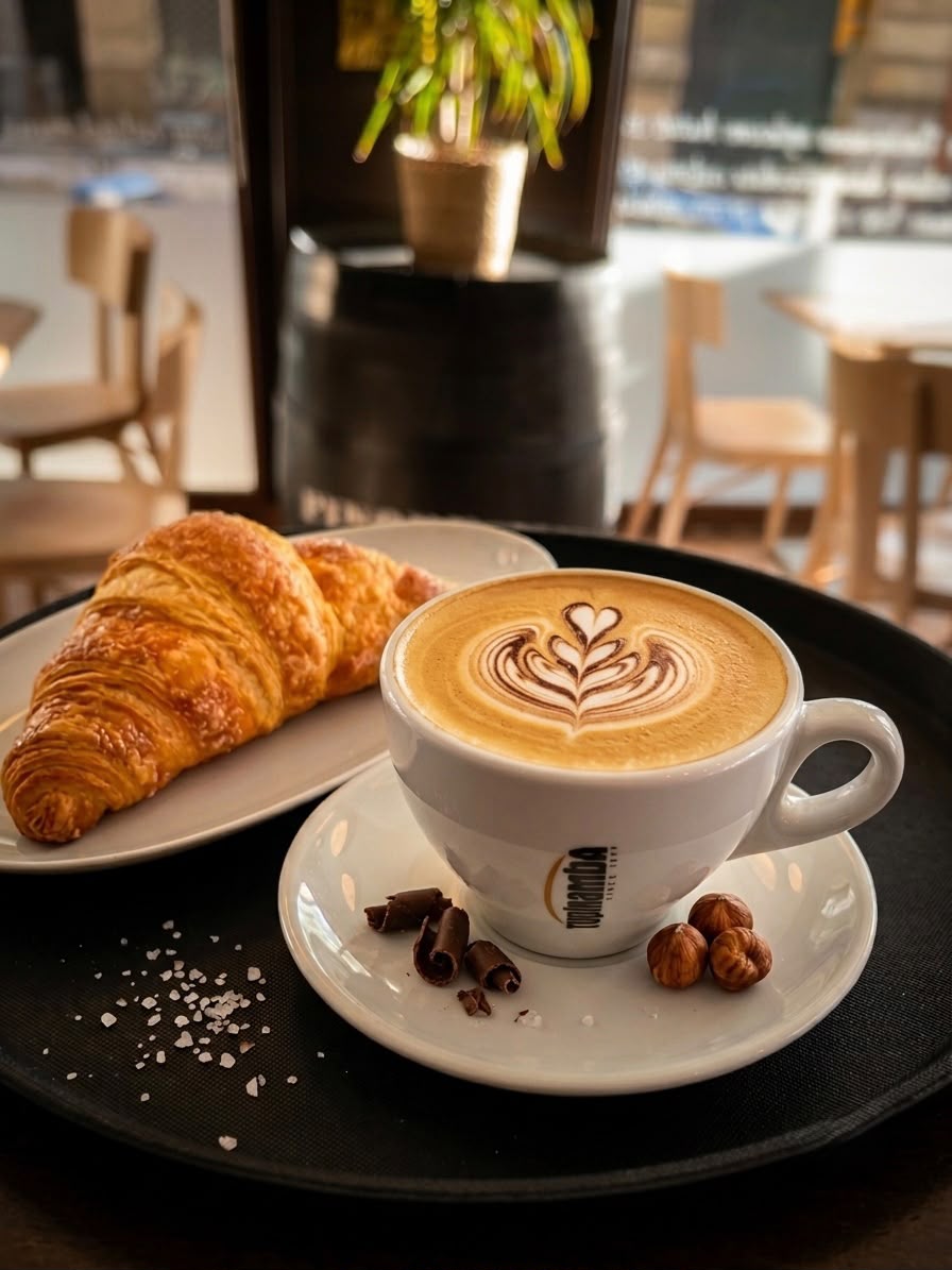 Capuchino con croissant recién hecho