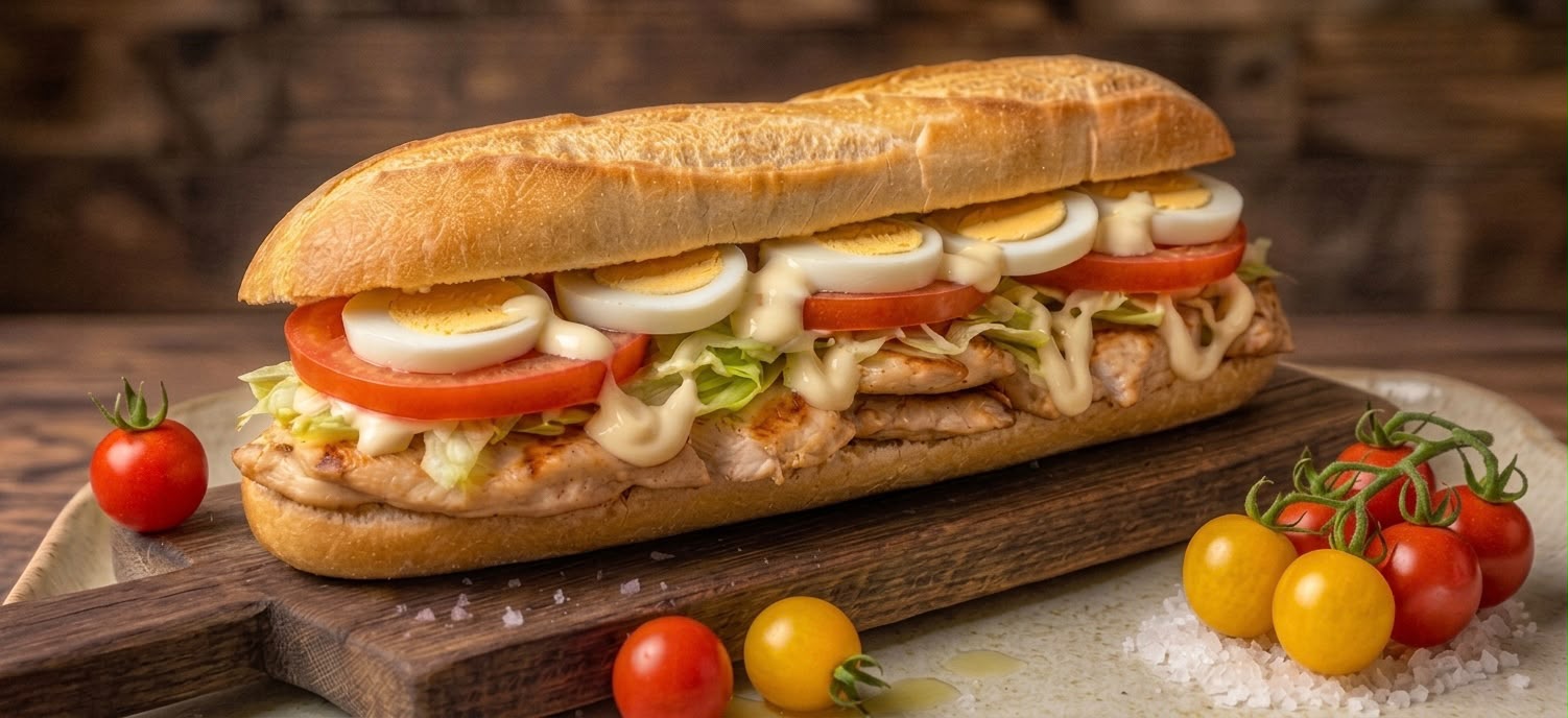 Bocadillo de pollo con huevo y tomate