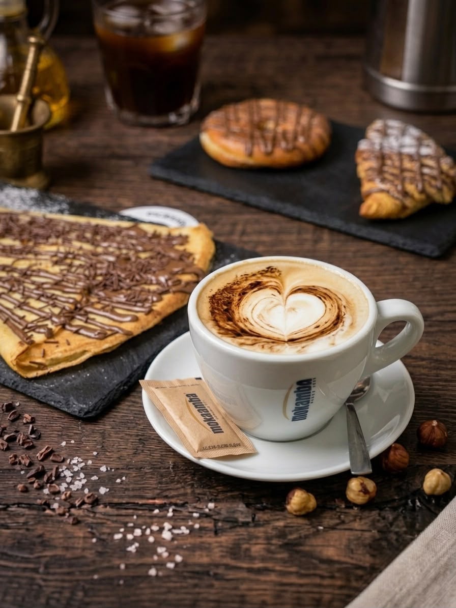 Café con leche con arte latte y bollería casera