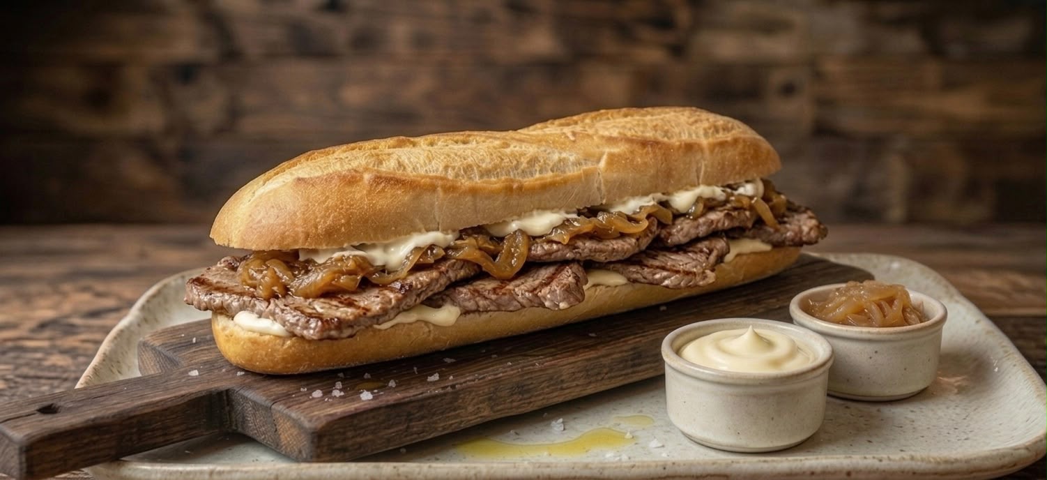 Bocadillo de ternera con cebolla caramelizada